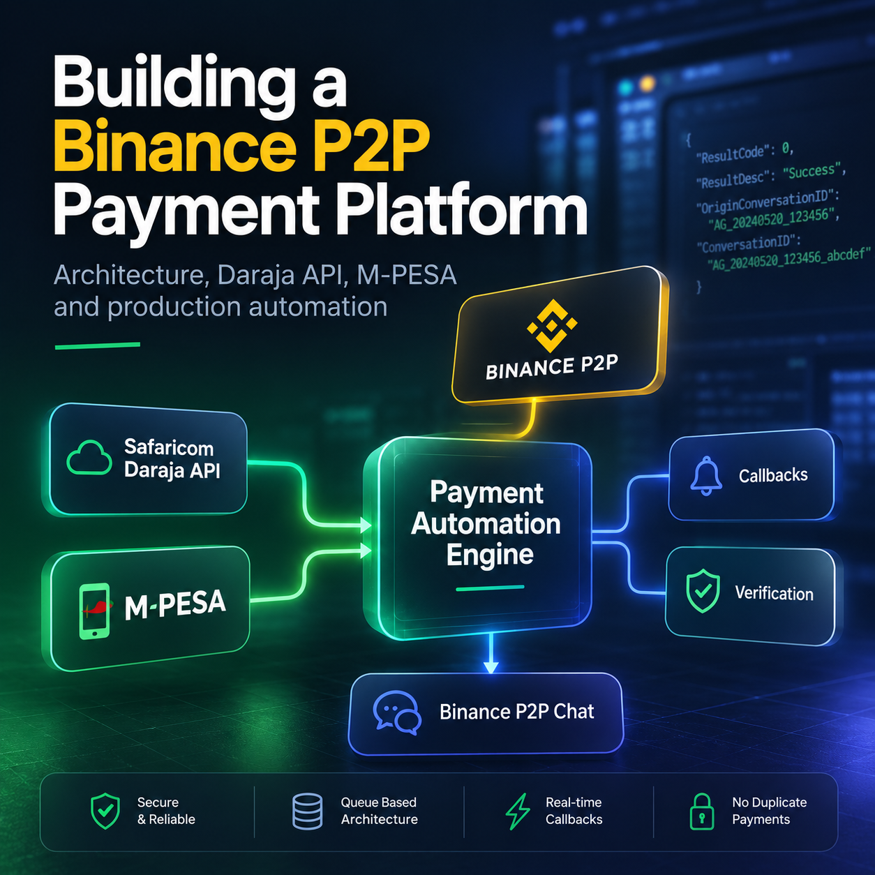 Production architecture of a Binance P2P payment automation platform using the Safaricom Daraja API, M-PESA callbacks, transaction verification and Binance P2P Chat integration.