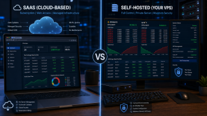 Comparison of SaaS and self-hosted cryptocurrency trading software showing VPS deployment, API security and cloud infrastructure.