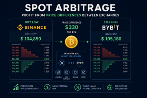 Spot arbitrage example showing Bitcoin price differences between Binance and Bybit with cross-exchange crypto trading workflow.