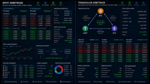 Comparison of spot arbitrage and triangular arbitrage showing cryptocurrency exchanges, order books and three-currency trading cycles.