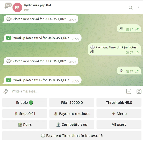 P2PTradeBot función límite de tiempo de pago en Binance P2P
